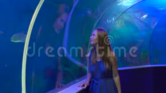 一名年轻女子从水族馆的管道里走进来在一个背景下用一束光看鱼视频的预览图