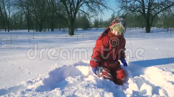 有趣的孩子在冬季公园玩雪球视频的预览图