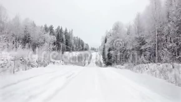 驱车穿越冬林雪道初观在stealicam的窗户外的摄像头冬季景观视频的预览图