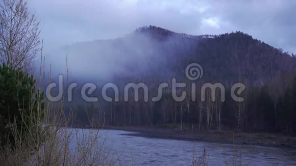 雾因河流时间的推移而覆盖山林视频的预览图