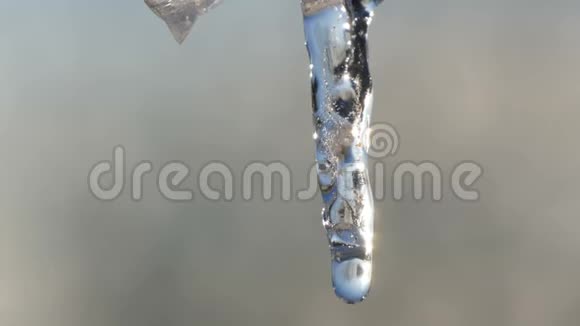 冰柱在春天的阳光下融化水滴沿着融化的冰柱向上流动视频的预览图
