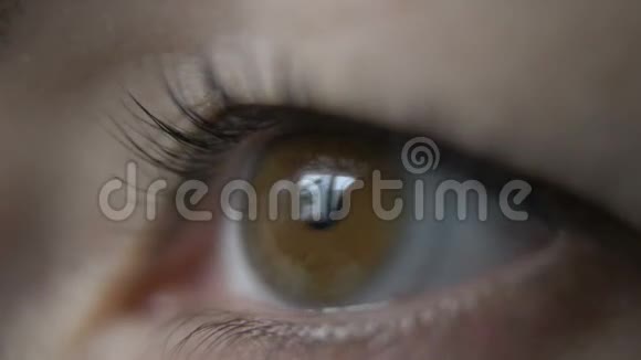 女人的眼睛侧视窗户的倒影棕色的眼睛宏观的拍摄视频的预览图