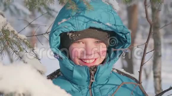青少年在冬季公园散步把雪从树上重置在新鲜空气中游走健康的生活方式视频的预览图