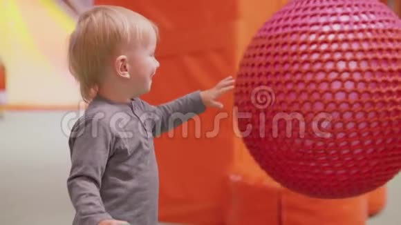 小金发幼儿微笑推大健身球使摇摆视频的预览图