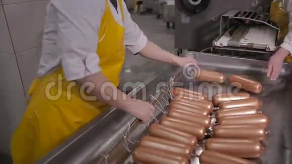 生产香肠工人在一家肉类加工厂操作肉类加工设备视频的预览图