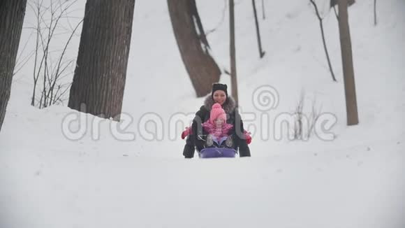 母亲和女儿在冬季公园里骑雪橇视频的预览图