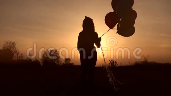 日落时带着气球在田里散步的女孩视频的预览图