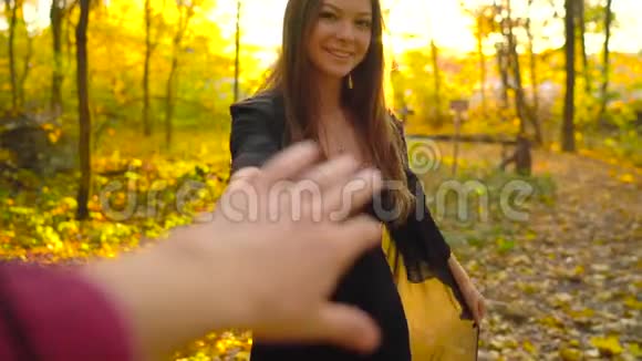 美丽的女孩牵着男朋友的手跟着他穿过黄色的秋天森林视频的预览图