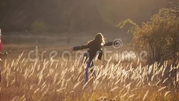 日落时分一位快乐的母亲在草原上的田野里拥抱和亲吻女儿视频的预览图