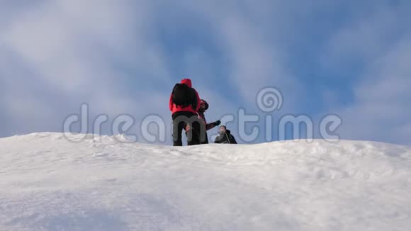 登山队员在冬天从山上下来绳子旅行者用绳子从一座雪山上下来协调良好的团队合作视频的预览图