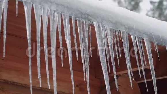 在冬天的森林里一间木屋的屋顶上挂着长长的冰柱视频的预览图