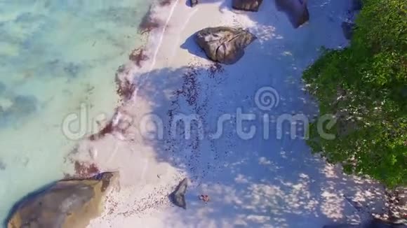 塞舌尔群岛上一对年轻夫妇观看四人直升机飞行的鸟瞰图视频的预览图