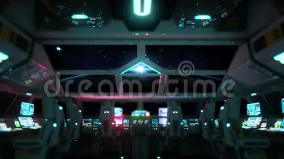 太空船未来主义的内部从驾驶室可以看到日出银河旅行概念视频的预览图