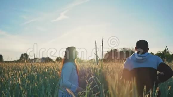 年轻的父母带着一个小女儿在田野上在绿色的小麦穗中欣赏日落带她走视频的预览图
