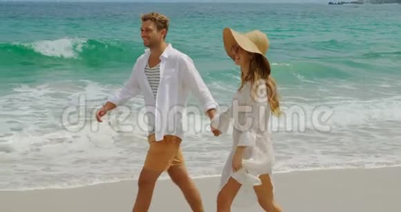 白种人夫妇手牵手在海滩散步的侧景4k视频的预览图