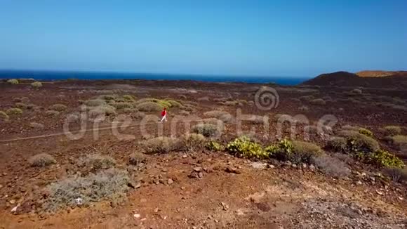 西班牙加那利群岛特内里费一名妇女沿着靠近海洋海岸的火山表面徒步旅行的鸟瞰图视频的预览图