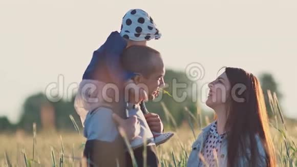 幸福的年轻家庭三个人在一起在一片麦田里的绿色小穗一个小女儿坐在视频的预览图