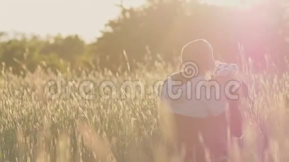 一个年轻的父亲怀里抱着一个小女儿在一片麦田里在绿色的小穗中在阳光下视频的预览图