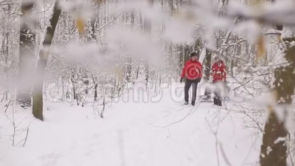 冬天爸爸妈妈骑着他们的孩子在雪橇上视频的预览图