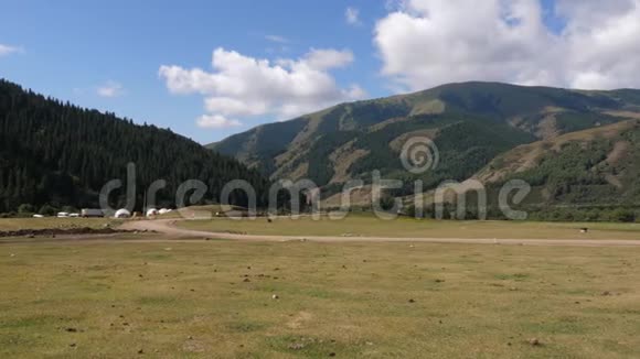 吉尔吉斯斯坦的天山山脉和绿色夏谷全景视频的预览图