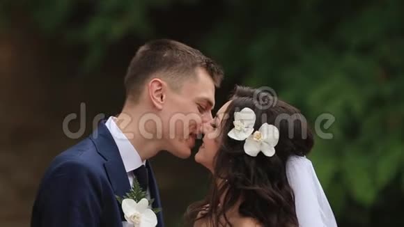 这对年轻迷人的新婚夫妇在户外轻轻亲吻的特写肖像美丽新娘的卷发是视频的预览图