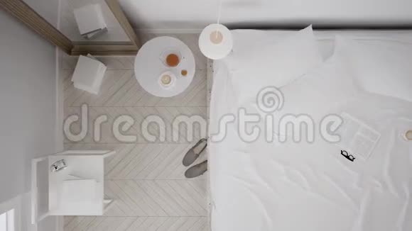 斯堪的纳维亚经典的白色卧室顶景室内步行稳定凸轮简约设计视频的预览图