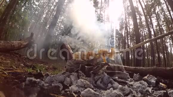 烧烤串的猪油培根在森林从下面的特写视频的预览图