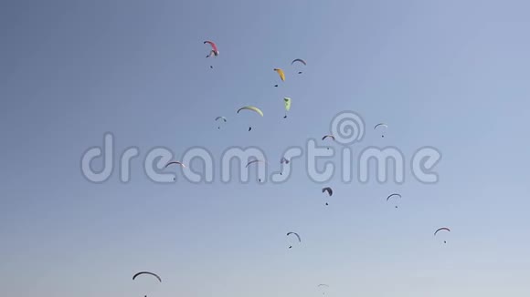 在晴朗的蓝天上许多滑翔伞在五颜六色的降落伞上视频的预览图
