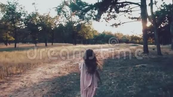 小女孩沿着公园的小路跑快乐的女孩到处跑夕阳视频的预览图
