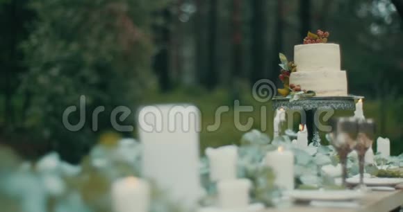 美丽美味的两层蛋糕与红色浆果在餐桌上装饰蜡烛灯和花浪漫晚餐视频的预览图