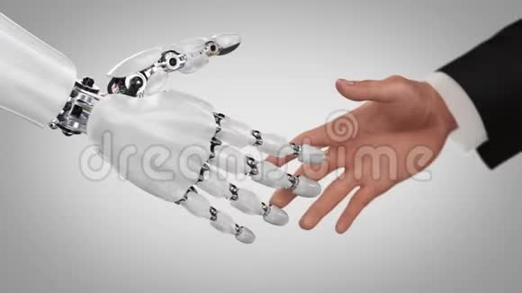 机器人和人握手美丽的现实3d动画上的绿色背景与通过的深度领域视频的预览图