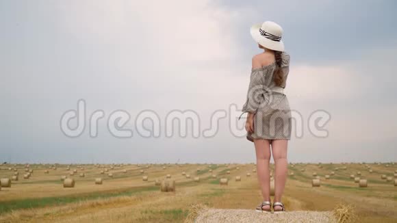 一位戴着帽子的漂亮年轻女子在夏天的傍晚用捆包望着麦田的天空视频的预览图