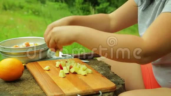 雌性的手把苹果放在一个碗里供阿拉特野餐视频的预览图