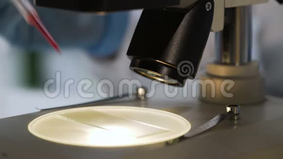 法医专家准备血样在显微镜下研究科学视频的预览图