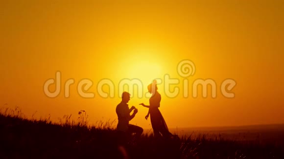 浪漫的男人跪在膝盖上向夏日草地上的女人求婚夫妻订婚视频的预览图