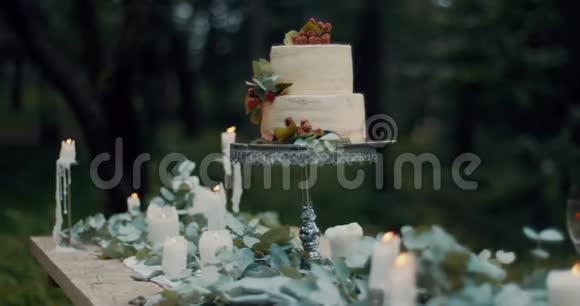 晚林浪漫晚餐构图美味的浆果两层蛋糕在桌子上叶子蜡烛和花4k视频的预览图