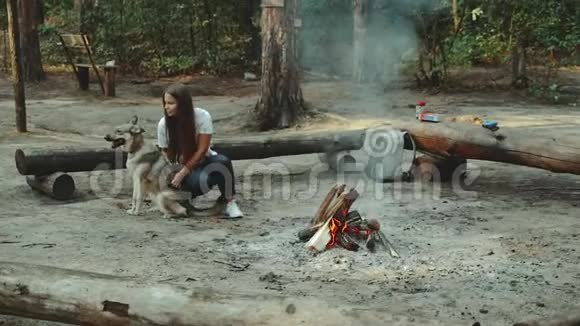 一个女孩坐在森林里看书女孩坐在火旁边的一根木头上抚摸着狗视频的预览图