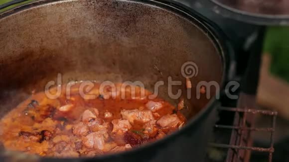 在大的铸铁锅中准备菜肴红的配肉洋葱和其他成分视频的预览图