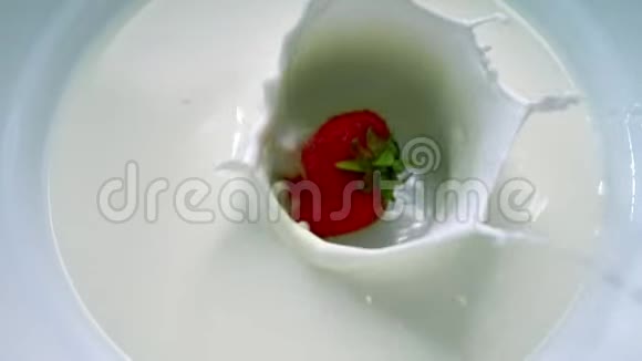 熟红草莓掉进牛奶碗里视频的预览图