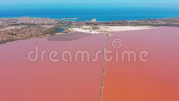 鸟瞰盐海水蒸发池粉红色视频的预览图