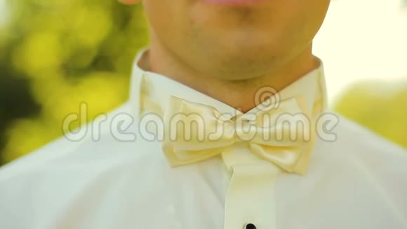 男子新郎穿白色衬衫以纠正蝴蝶结户外自然光线视频的预览图