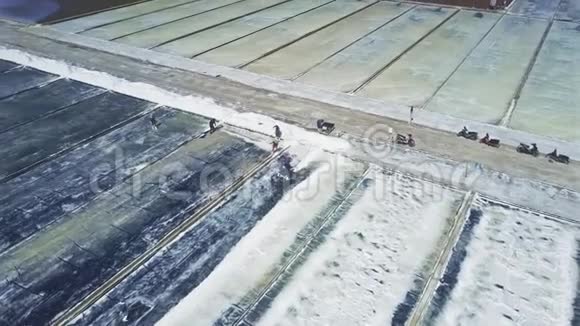 工人用铲子取盐从工地到公路视频的预览图
