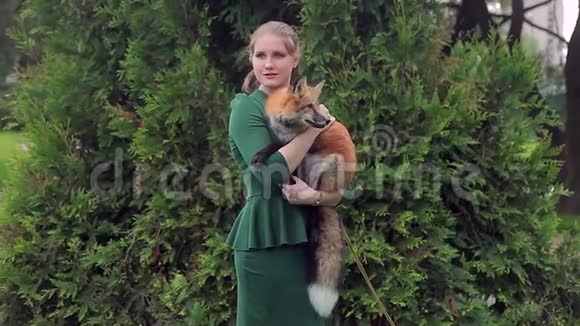 夏天一个女人在树的背景下抱着一只红狐狸视频的预览图