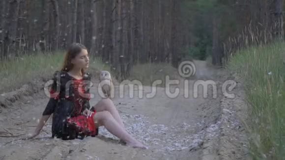 一只浅棕色的猫头鹰坐在一个穿着裙子的女孩的膝盖上羽毛从天空中飘落慢镜头拍摄视频的预览图