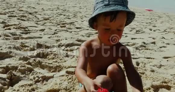 小男孩在热带海滩的沙滩上玩耍视频的预览图