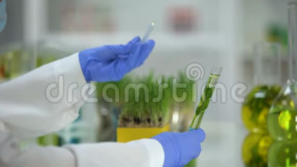 实验室辅助滴液与植物试管有机美容提取物视频的预览图