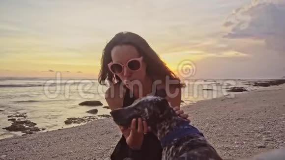 年轻的无忧无虑的女人戴着太阳镜玩狗在令人惊叹的日落中在海滩上抚摸狗和亲吻狗不错啊视频的预览图