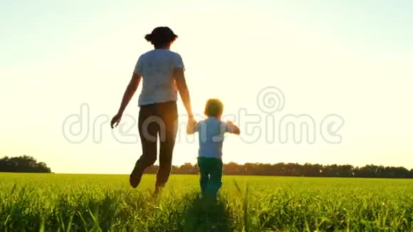 母亲和孩子正跑过田野在夕阳的肉射妈妈和她儿子在绿色的草坪上跑来跑去视频的预览图