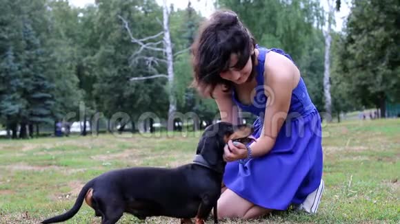 穿蓝色裙子的女孩和她的狗狗在公园视频的预览图