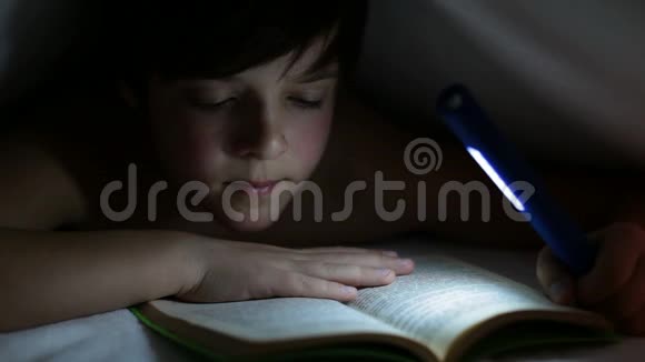 小男孩晚上读一本有趣的书视频的预览图